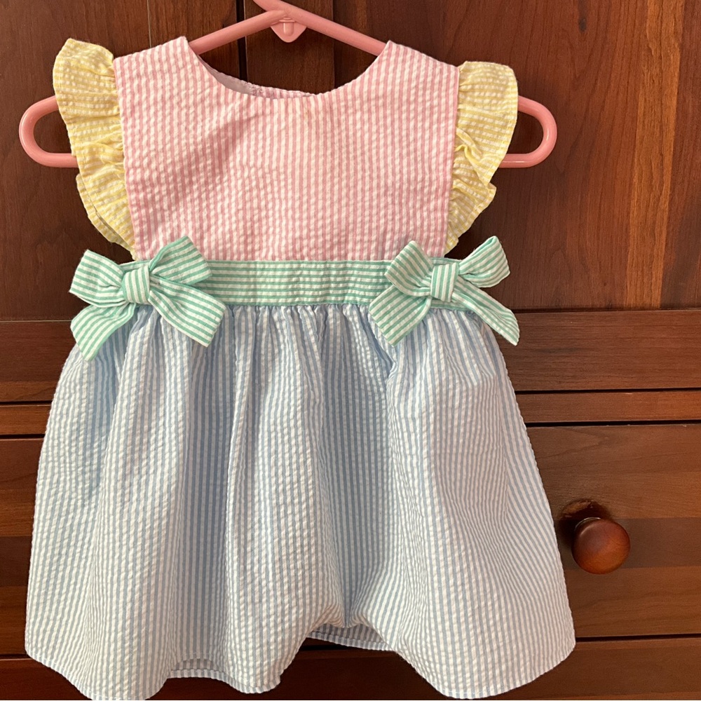 Starting Out Baby Pink Blue Green Pastel Seersucker Dress & Panties Sz 6-9 Mon